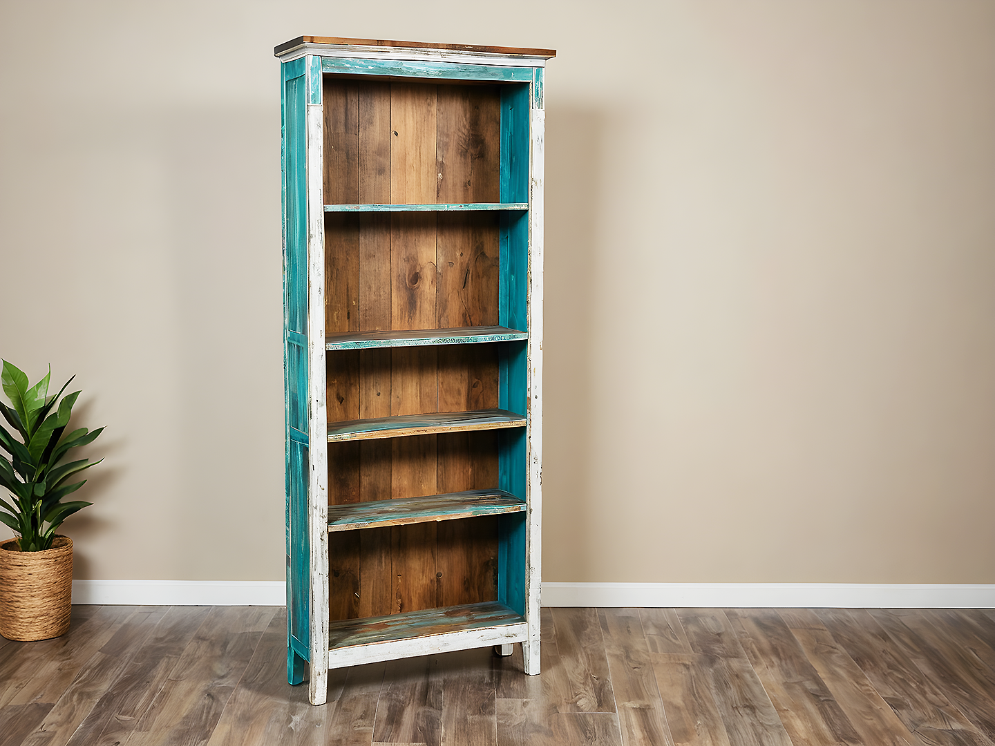 Artisan Boho Βιβλιοθήκη Ξύλινη με Τιρκουάζ Πατίνα