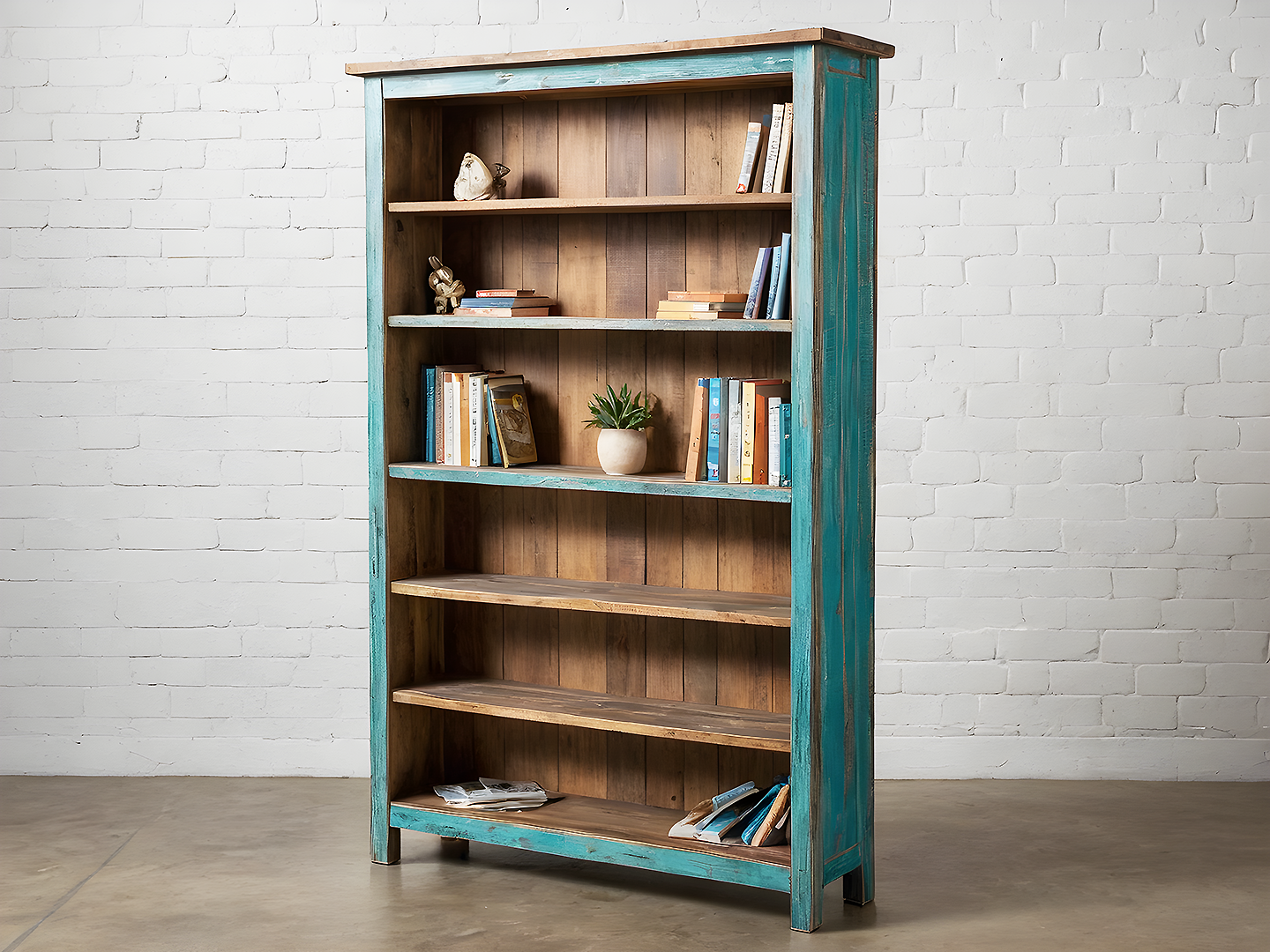 Artisan Boho Βιβλιοθήκη Ξύλινη με Τιρκουάζ Πατίνα