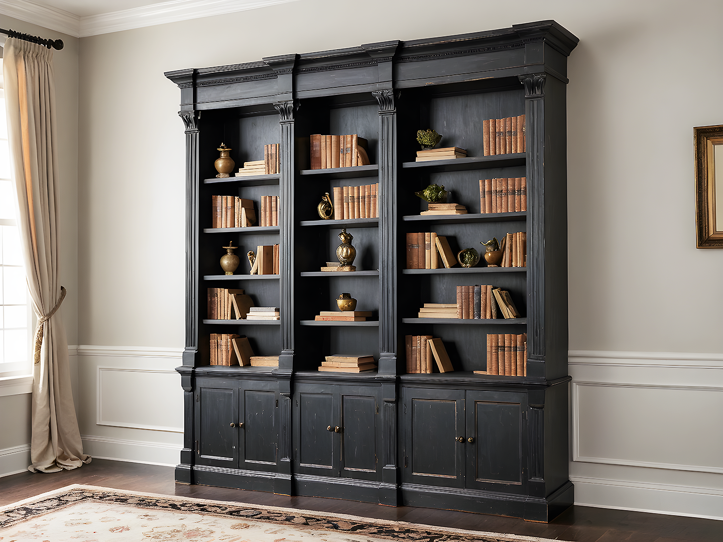 Astor Grand Κλασική Μαύρη Ξύλινη Βιβλιοθήκη