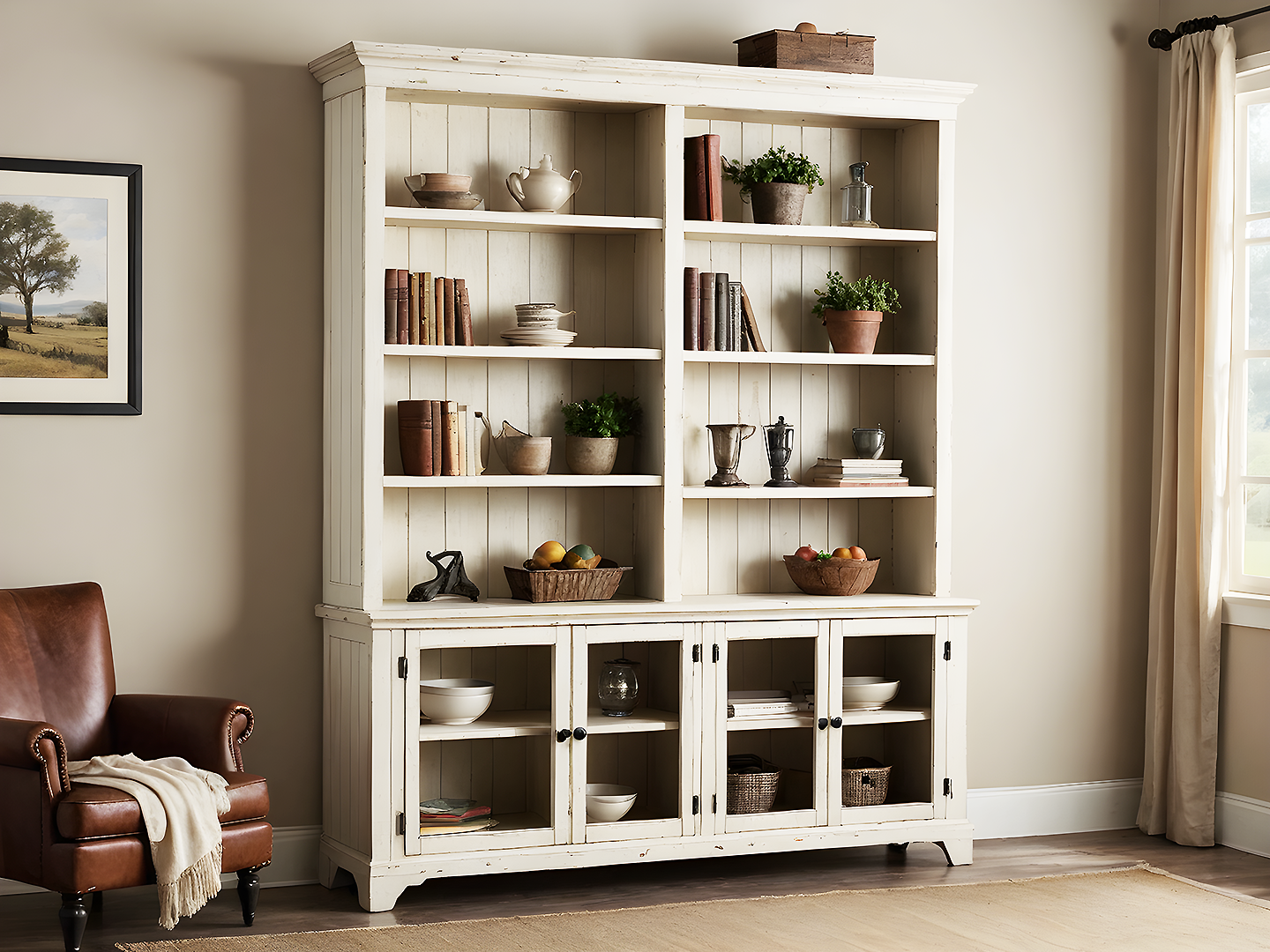 Ashley Βιβλιοθήκη – Βιτρίνα Ξύλινη σε Antique Λευκή Απόχρωση
