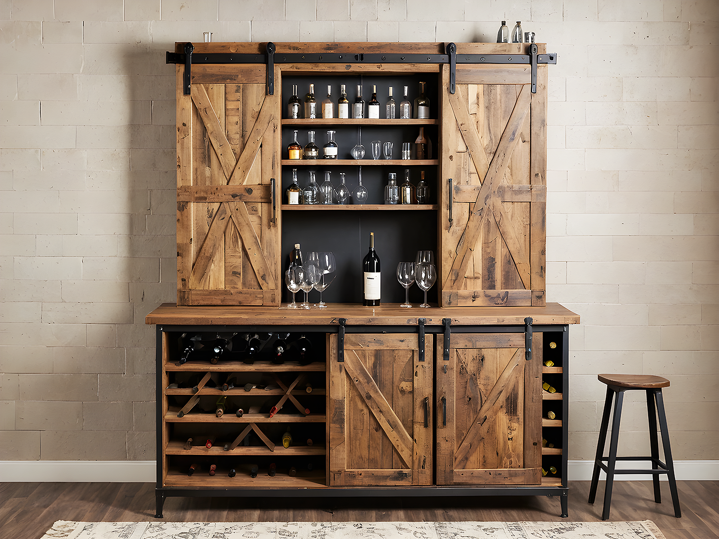 Farmhouse Rustic Ξύλινο Μπαρ με Ράφια Κρασιών