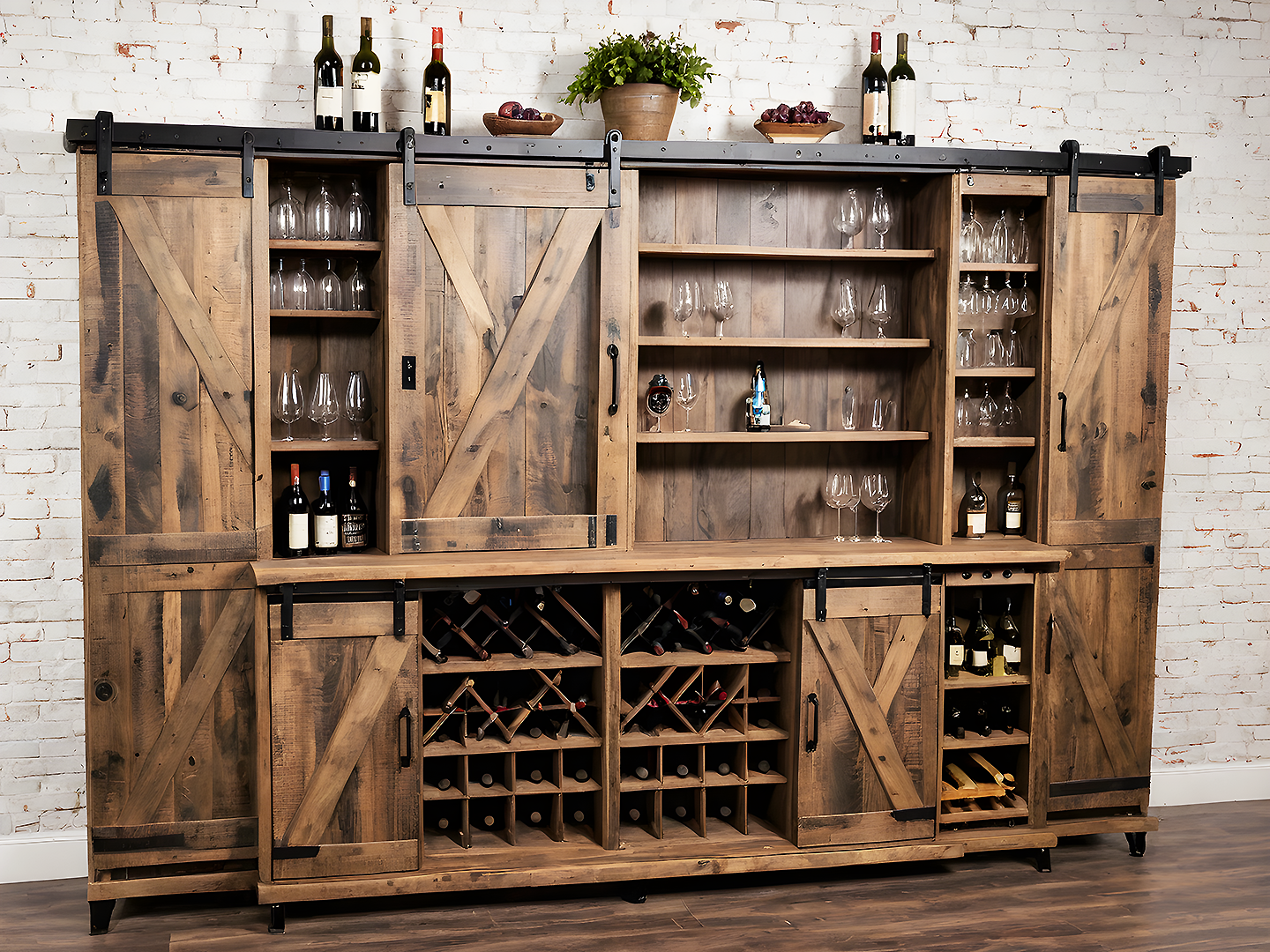 Farmhouse Rustic Ξύλινο Μπαρ με Ράφια Κρασιών