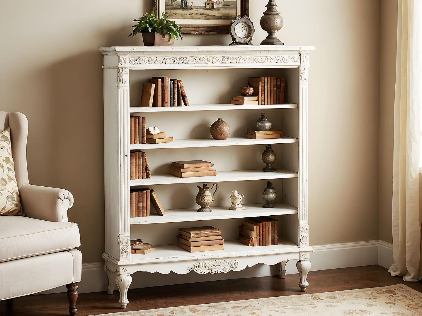 Shabby Chic  Λευκή Βιβλιοθήκη με Σκαλιστές Λεπτομέρειες