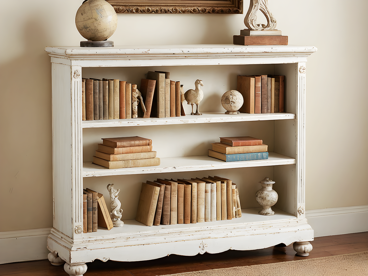 Shabby Chic  Λευκή Βιβλιοθήκη με Σκαλιστές Λεπτομέρειες