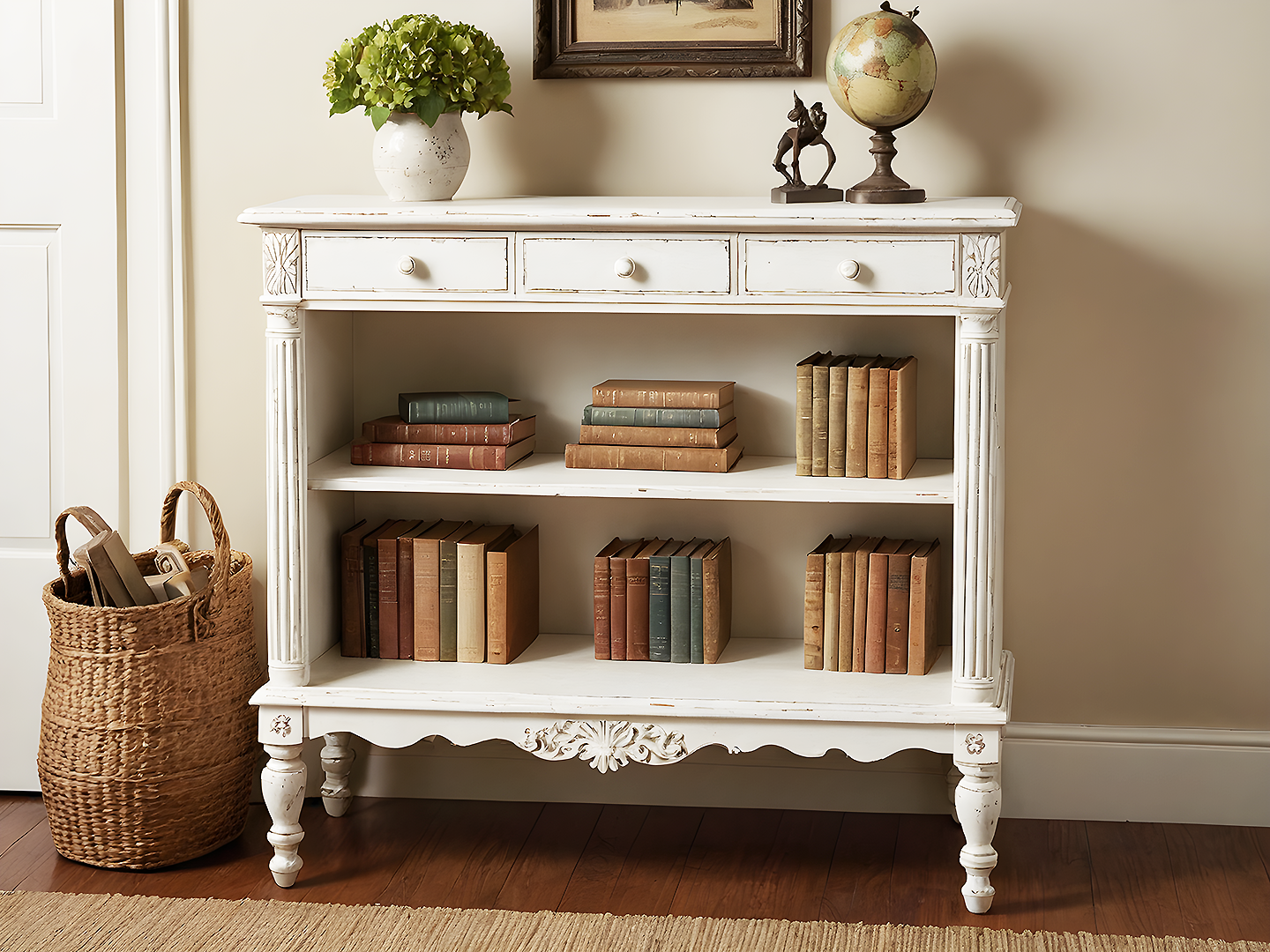 Shabby Chic  Λευκή Βιβλιοθήκη με Σκαλιστές Λεπτομέρειες