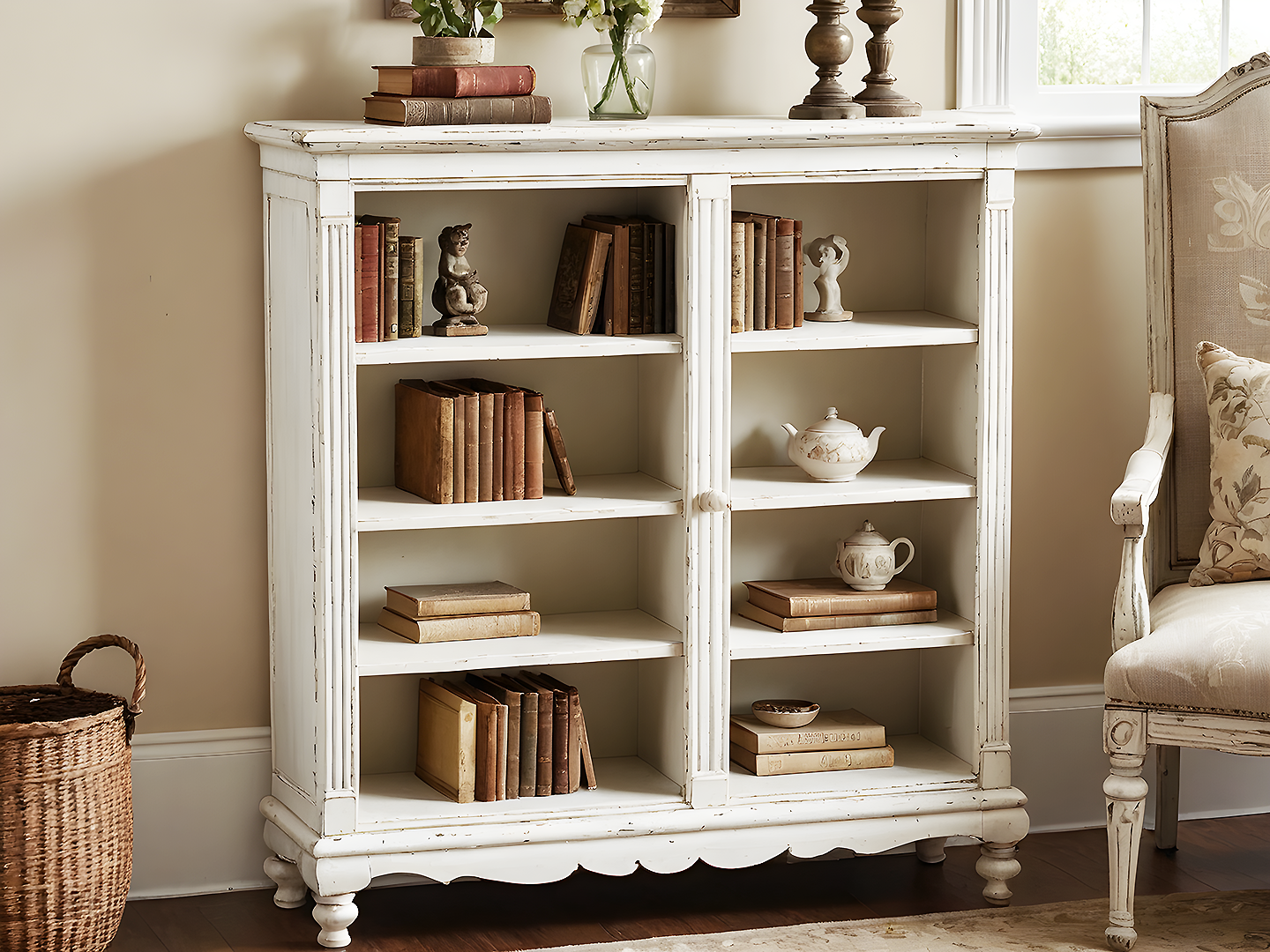 Shabby Chic  Λευκή Βιβλιοθήκη με Σκαλιστές Λεπτομέρειες