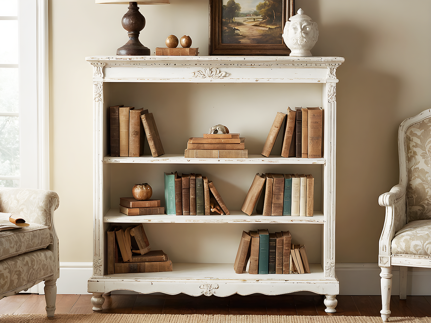 Shabby Chic  Λευκή Βιβλιοθήκη με Σκαλιστές Λεπτομέρειες