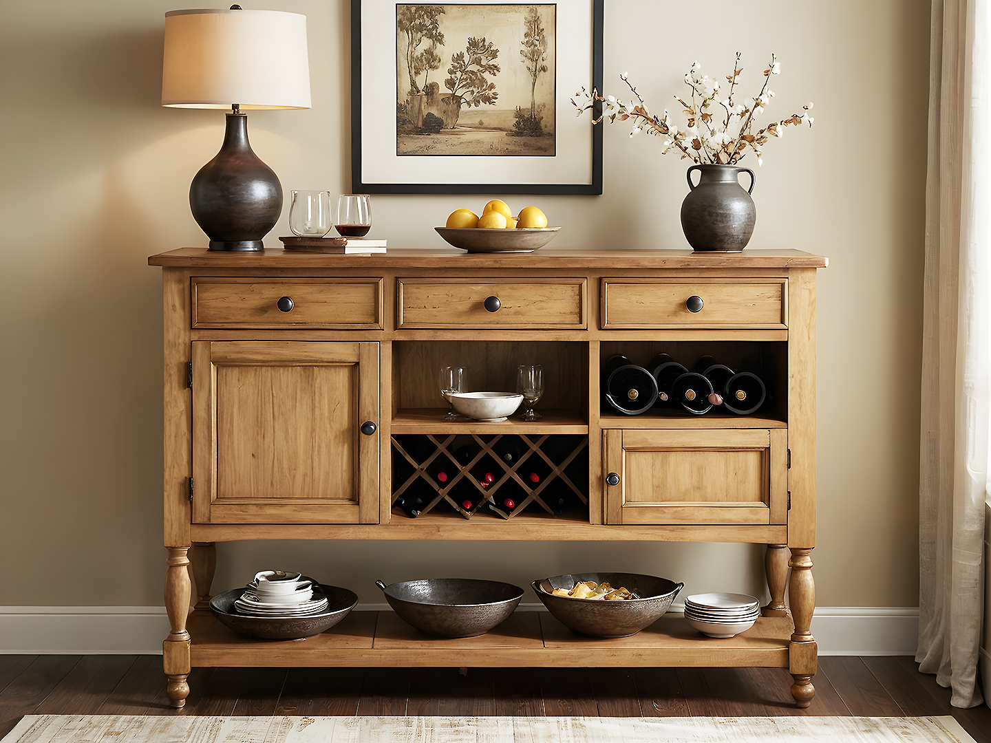 Sienna Rustic Ξύλινο Μπουφέ-Κάβα με Συρτάρια