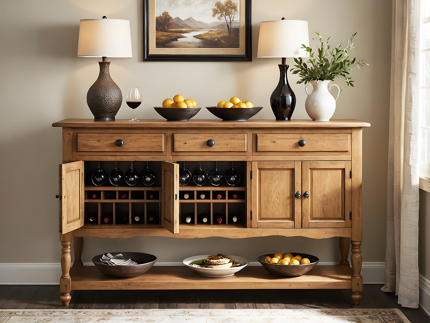 Sienna Rustic Ξύλινο Μπουφέ-Κάβα με Συρτάρια
