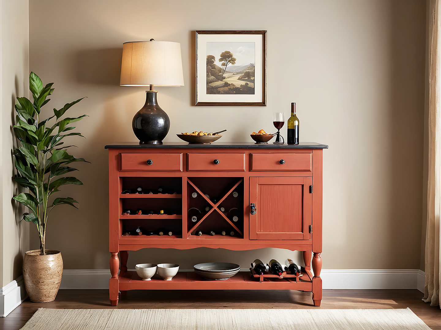 Anna Μπουφές Κρασιών σε Κεραμιδί Απόχρωση με Ρουστίκ Στυλ