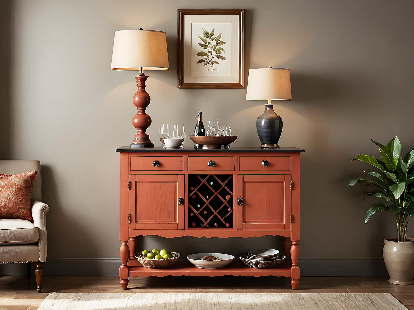 Anna Μπουφές Κρασιών σε Κεραμιδί Απόχρωση με Ρουστίκ Στυλ