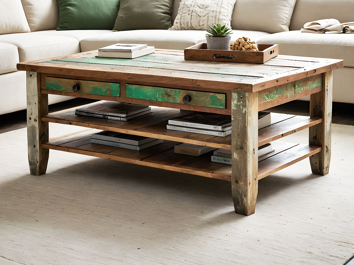 Caben Ρουστίκ Τραπεζάκι Σαλονιού από Ανακυκλωμένο Ξύλο με Πράσινη Πατίνα