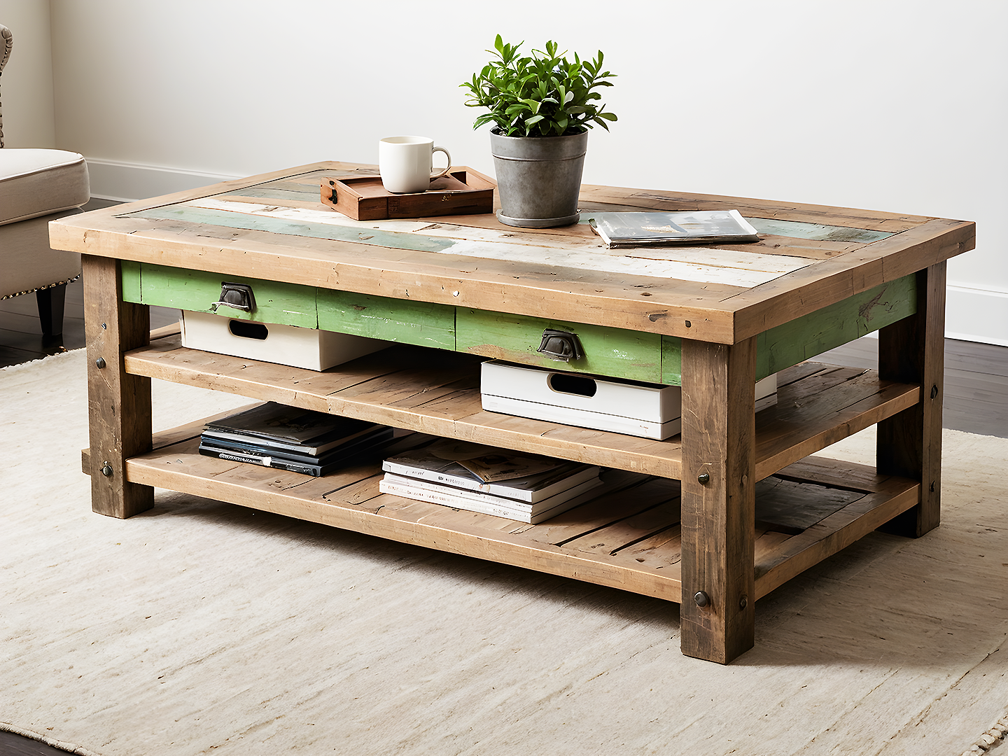 Caben Ρουστίκ Τραπεζάκι Σαλονιού από Ανακυκλωμένο Ξύλο με Πράσινη Πατίνα