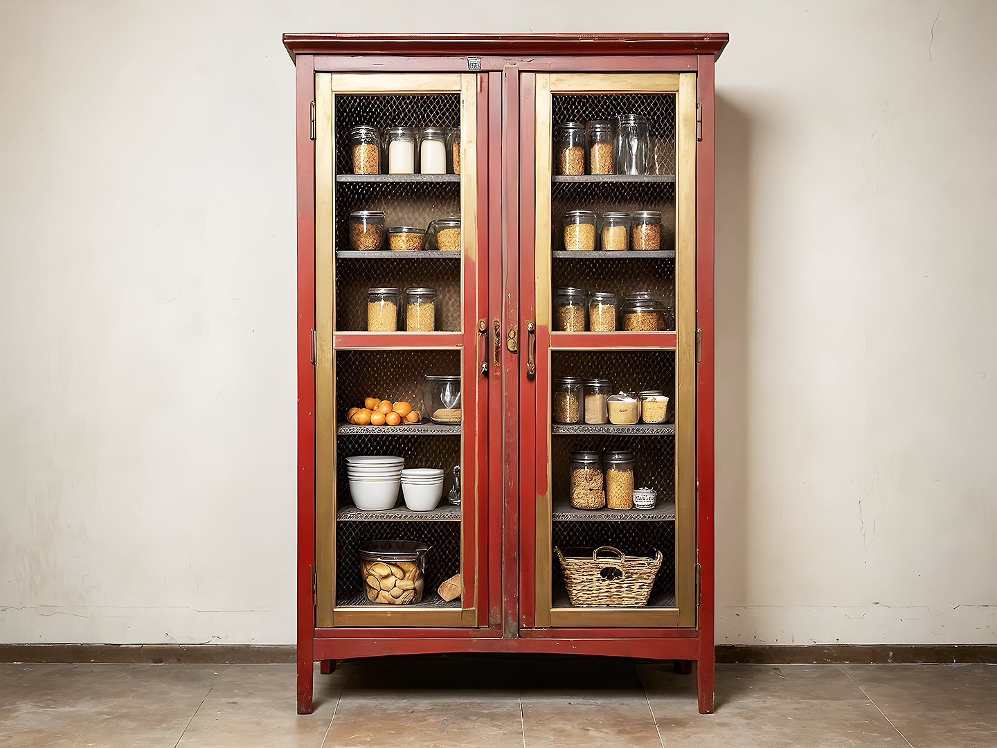 Vintage Κόκκινη Ξύλινη Βιτρίνα Αποθήκευσης