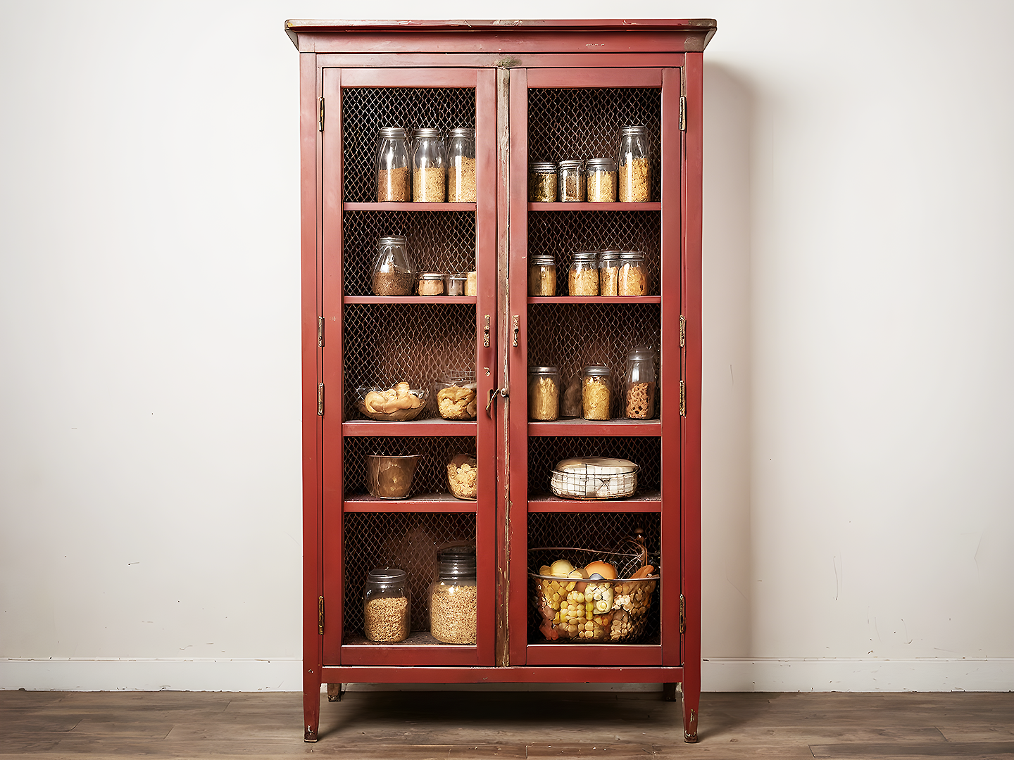 Vintage Κόκκινη Ξύλινη Βιτρίνα Αποθήκευσης