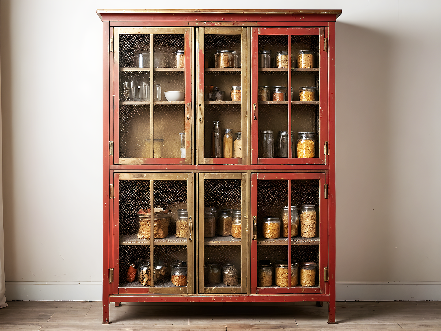 Vintage Κόκκινη Ξύλινη Βιτρίνα Αποθήκευσης