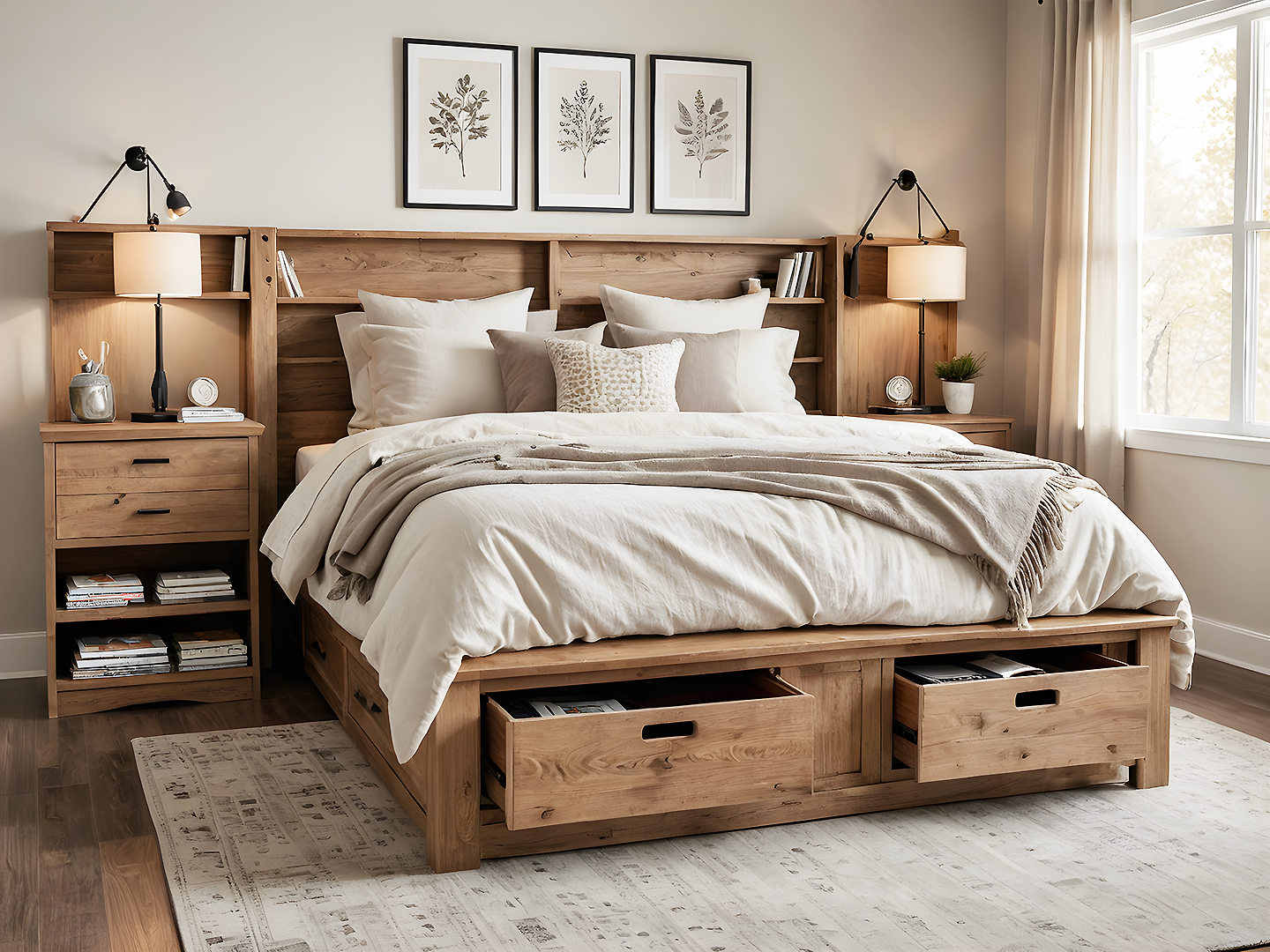 Panel Ξύλινο Κρεβάτι Queen Size με Βιβλιοθήκες