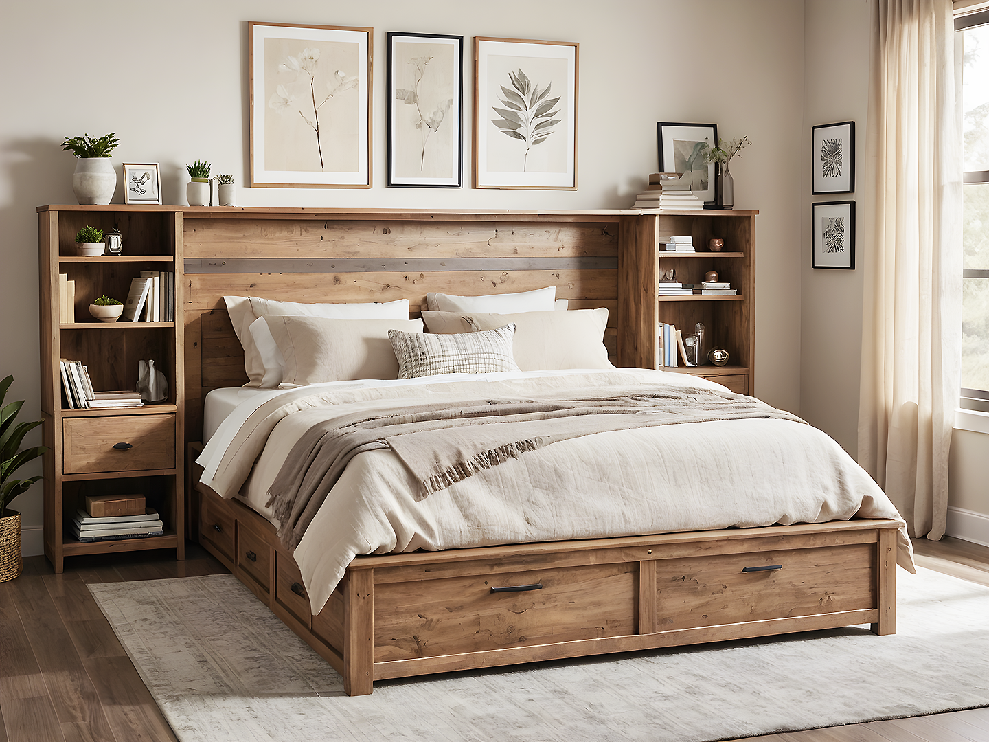 Panel Ξύλινο Κρεβάτι Queen Size με Βιβλιοθήκες
