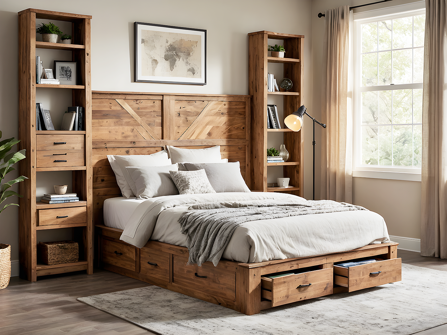 Panel Ξύλινο Κρεβάτι Queen Size με Βιβλιοθήκες