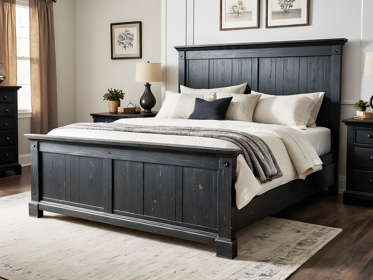 Thornwood Κρεβάτι King Size από Μασίφ Ξύλο σε Μαύρο Distressed Φινίρισμα