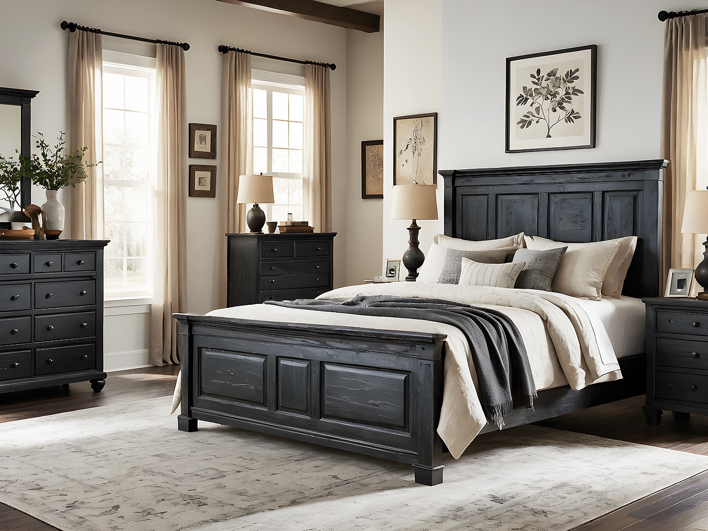 Thornwood Κρεβάτι King Size από Μασίφ Ξύλο σε Μαύρο Distressed Φινίρισμα