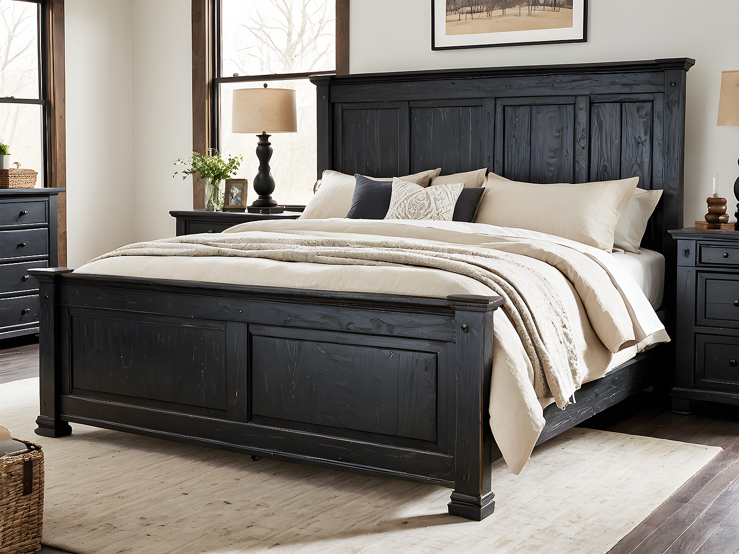 Thornwood Κρεβάτι King Size από Μασίφ Ξύλο σε Μαύρο Distressed Φινίρισμα