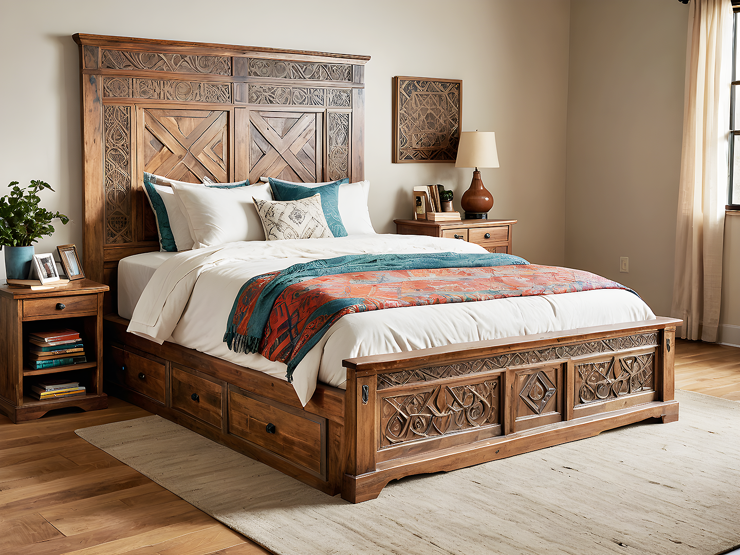 Boho King Size Κρεβάτι από Μασίφ Ξύλο με Χειροποίητα Σκαλίσματα