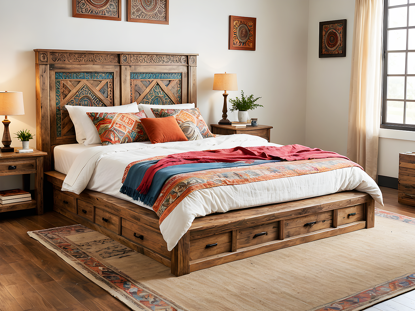 Boho King Size Κρεβάτι από Μασίφ Ξύλο με Χειροποίητα Σκαλίσματα