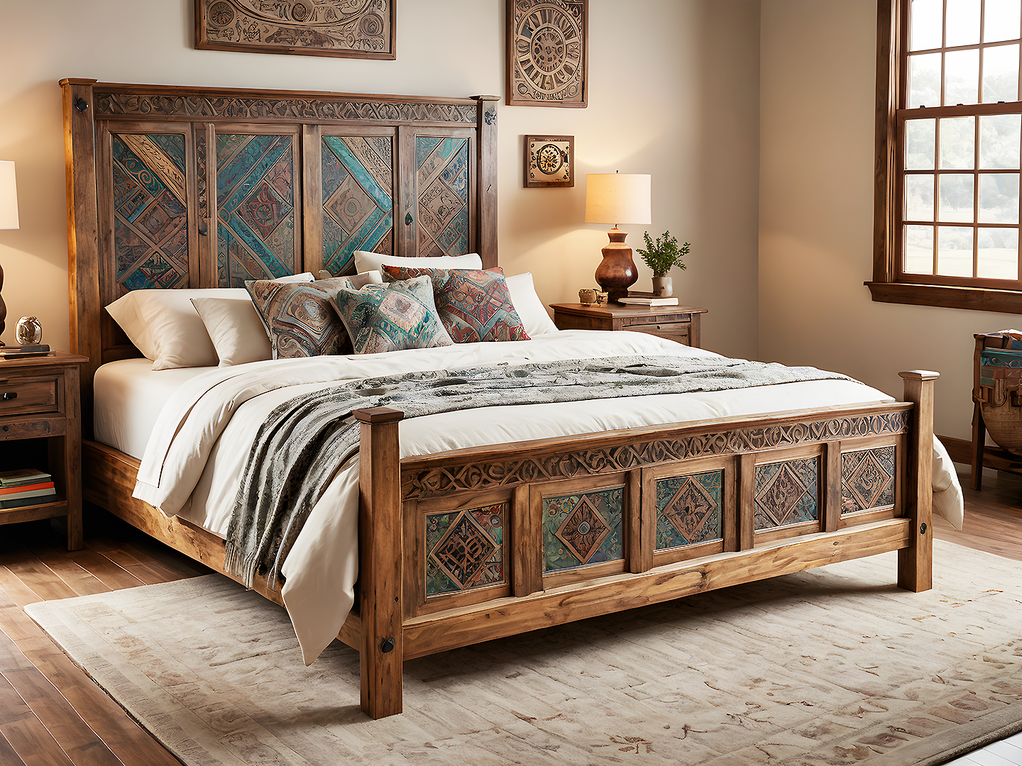 Boho King Size Κρεβάτι από Μασίφ Ξύλο με Χειροποίητα Σκαλίσματα