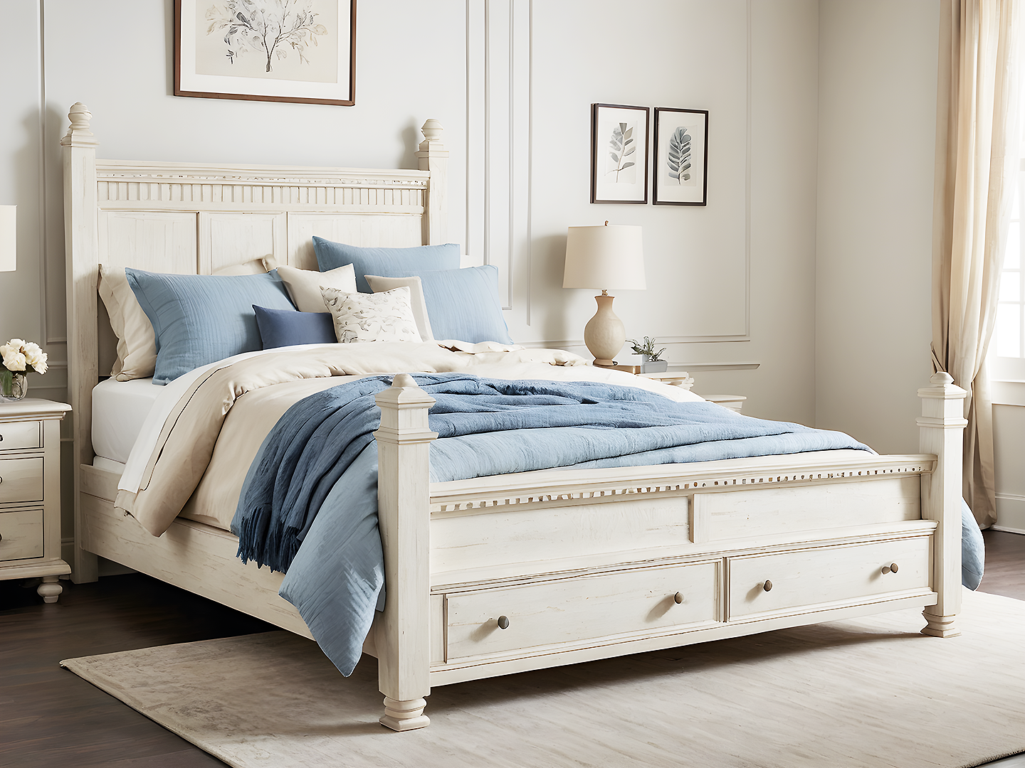 Josey Λευκό Ξύλινο Κρεβάτι Queen Size σε Κλασικό Σχεδιασμό