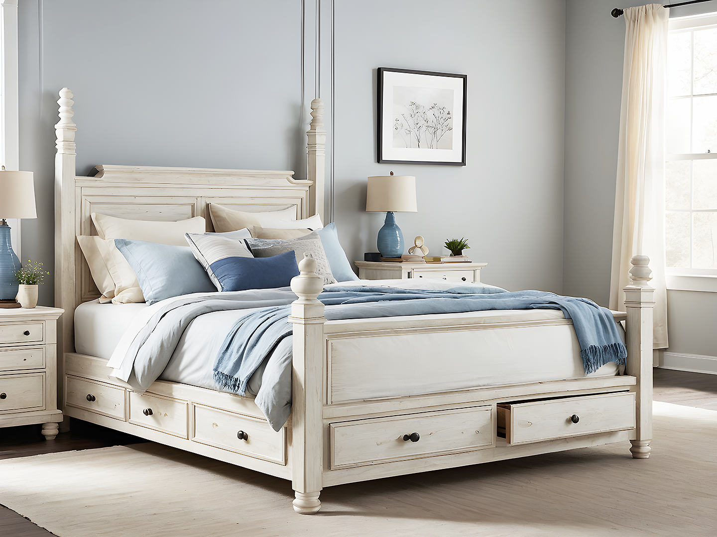 Josey Λευκό Ξύλινο Κρεβάτι Queen Size σε Κλασικό Σχεδιασμό