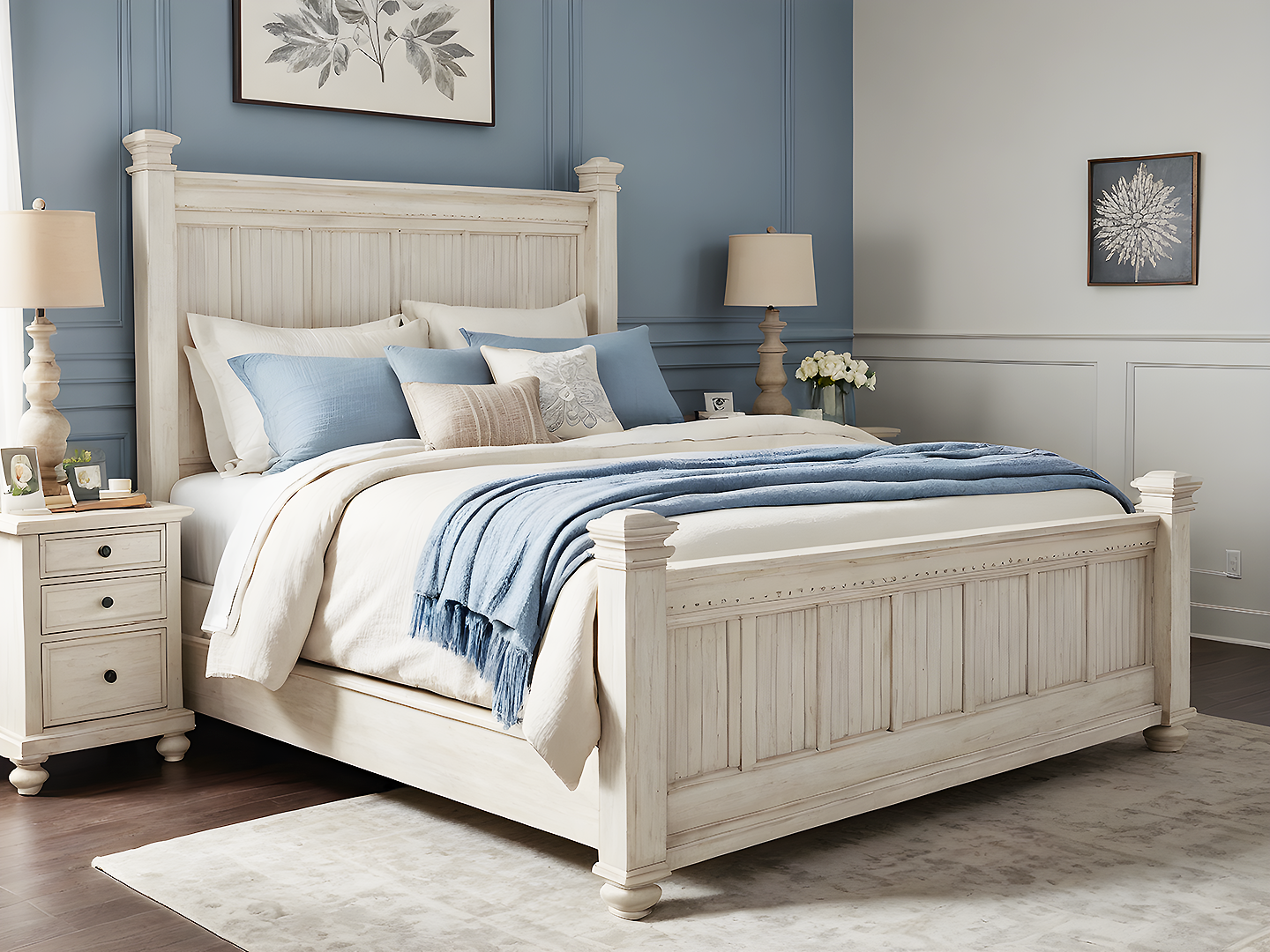 Josey Λευκό Ξύλινο Κρεβάτι Queen Size σε Κλασικό Σχεδιασμό