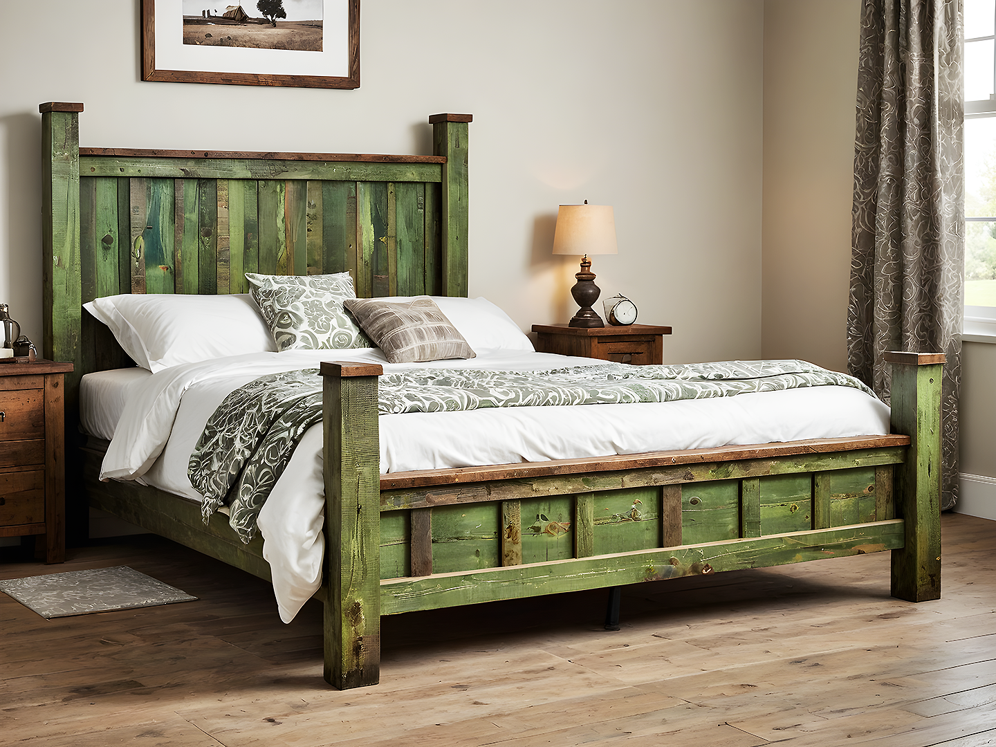 Rustic Κρεβάτι King Size από Μασίφ Ξύλο με Πράσινες Πατίνες