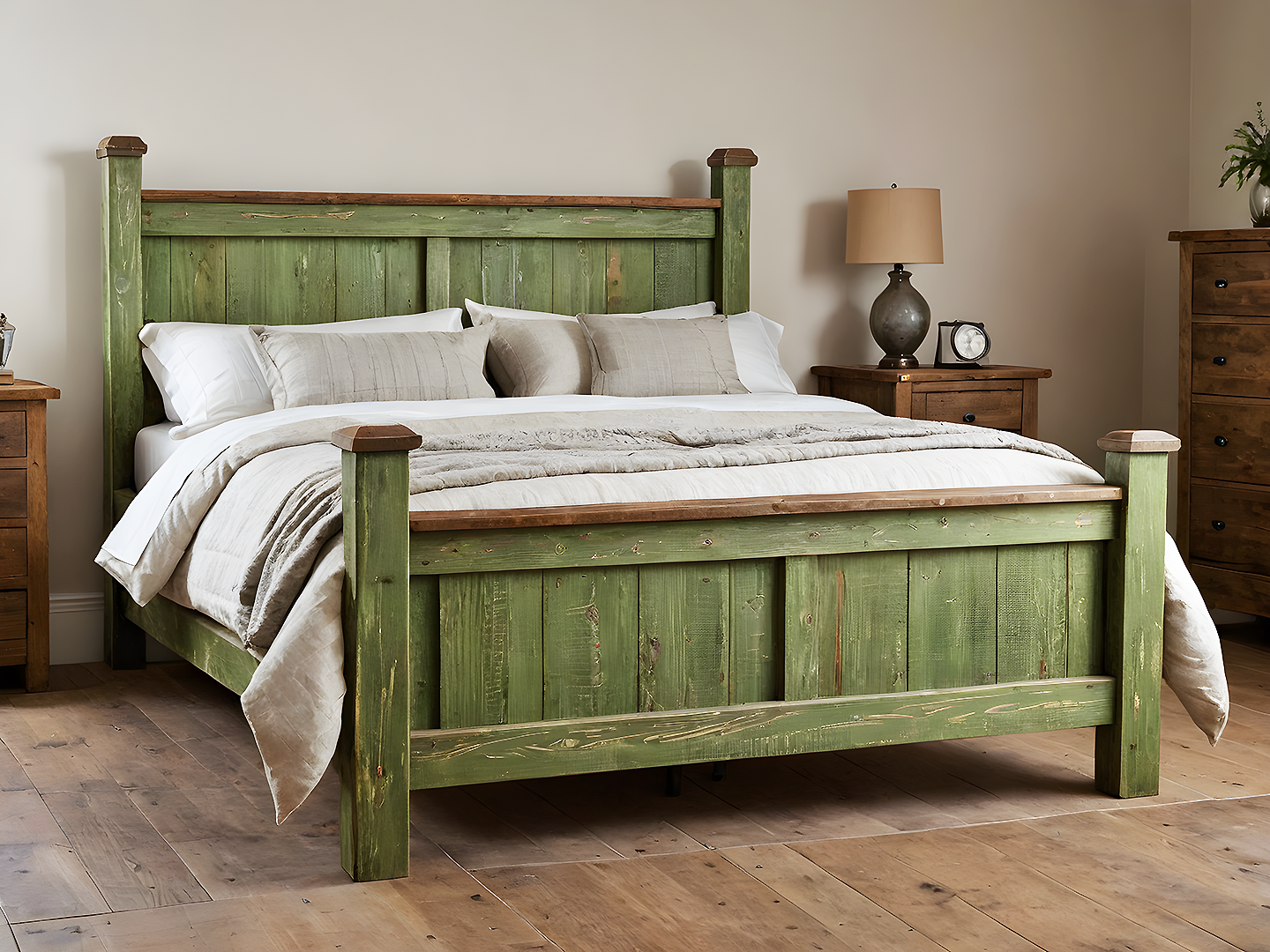 Rustic Κρεβάτι King Size από Μασίφ Ξύλο με Πράσινες Πατίνες