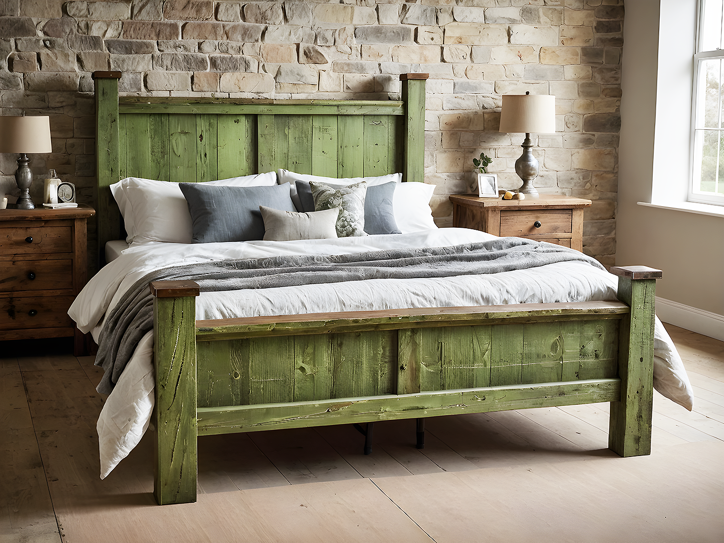 Rustic Κρεβάτι King Size από Μασίφ Ξύλο με Πράσινες Πατίνες