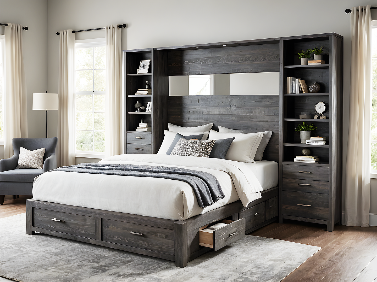 Vista Grey Κρεβάτι King Size με Αποθηκευτικό Χώρο και Βιβλιοθήκη στο Κεφαλάρι