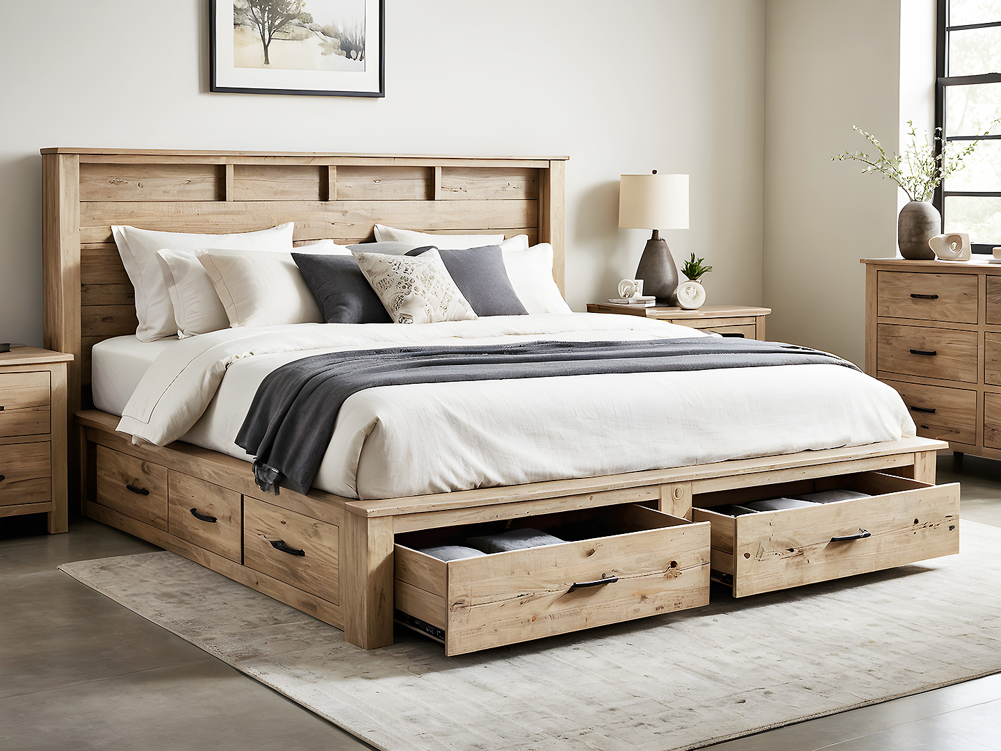 Rivington Κρεβάτι King Size από Φυσικό Ξύλο με Αποθηκευτικούς Χώρους και Βιβλιοθήκη στο Κεφαλάρι