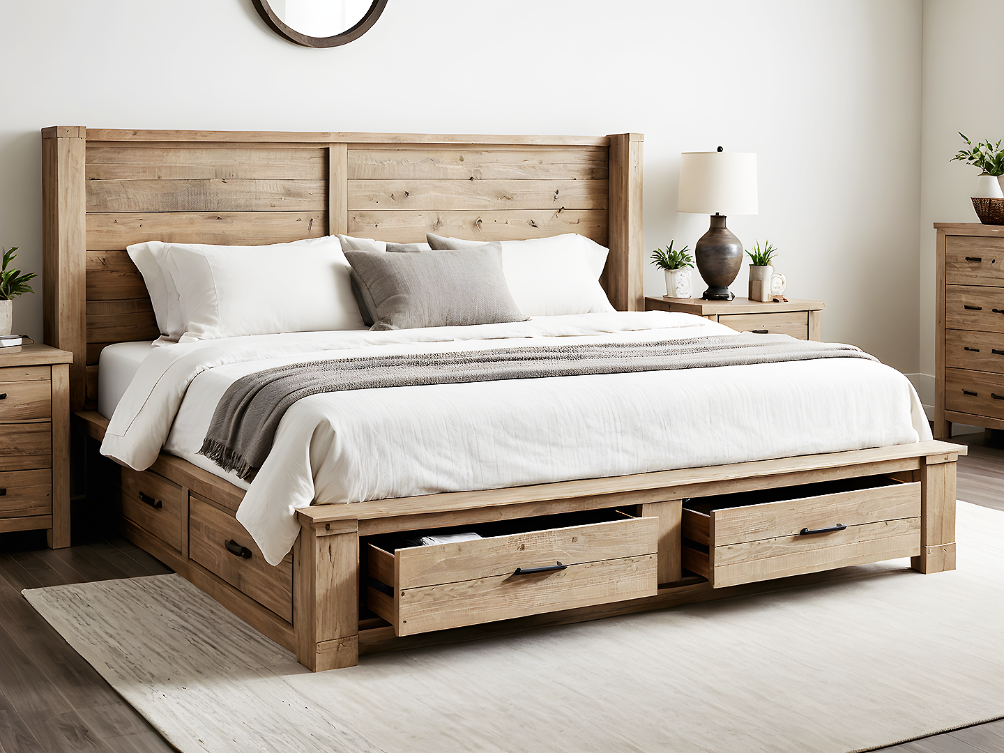 Rivington Κρεβάτι King Size από Φυσικό Ξύλο με Αποθηκευτικούς Χώρους και Βιβλιοθήκη στο Κεφαλάρι