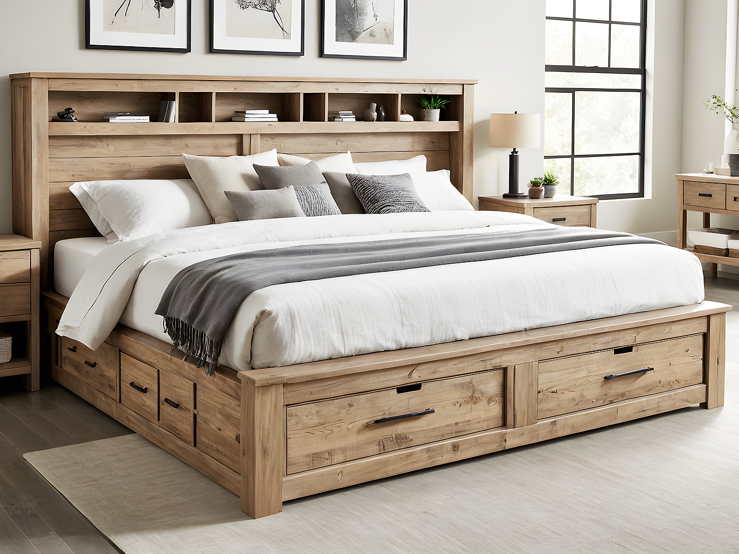 Rivington Κρεβάτι King Size από Φυσικό Ξύλο με Αποθηκευτικούς Χώρους και Βιβλιοθήκη στο Κεφαλάρι