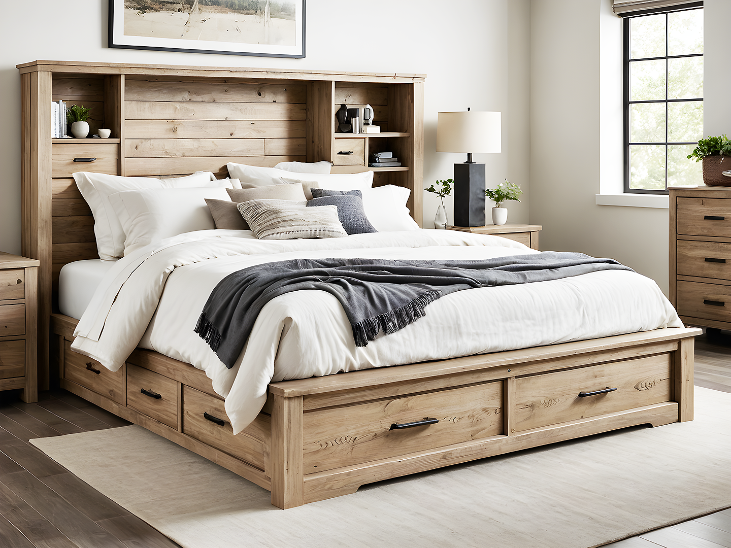 Rivington Κρεβάτι King Size από Φυσικό Ξύλο με Αποθηκευτικούς Χώρους και Βιβλιοθήκη στο Κεφαλάρι