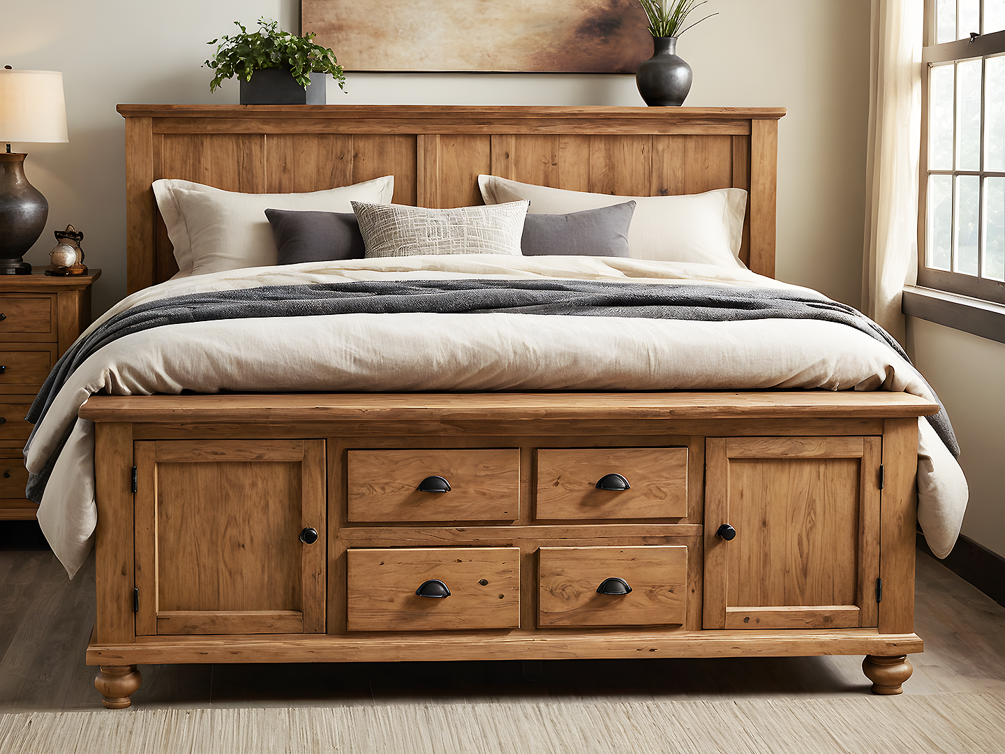 Stamson Κρεβάτι King Size από Μασίφ Ξύλο με Αποθηκευτικά Συρτάρια και Ψηλό Κεφαλάρι