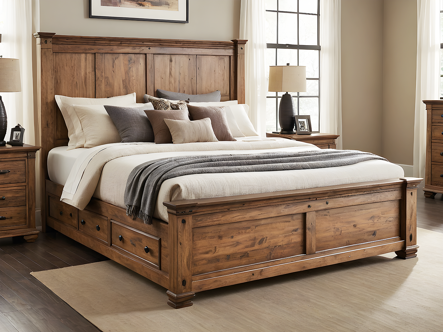 Stamson Κρεβάτι King Size από Μασίφ Ξύλο με Αποθηκευτικά Συρτάρια και Ψηλό Κεφαλάρι