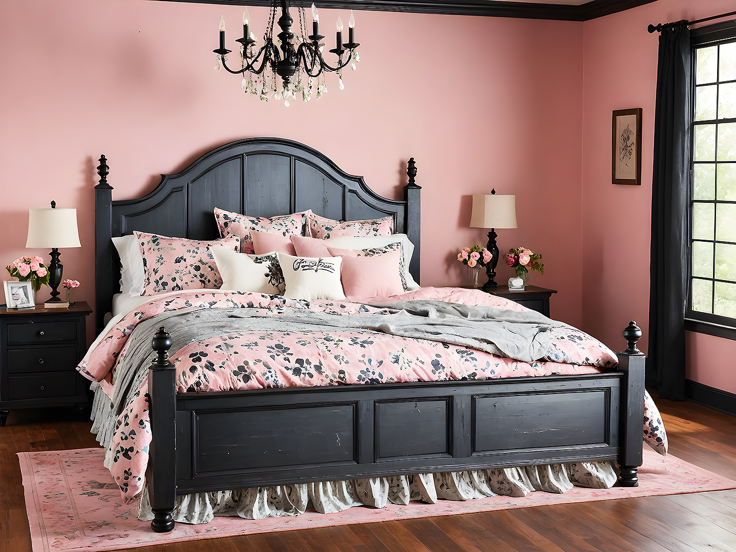 French Κρεβάτι King Size από Ξύλο σε Μαύρο Χρώμα με Κλασικό Καμπυλωτό Κεφαλάρι