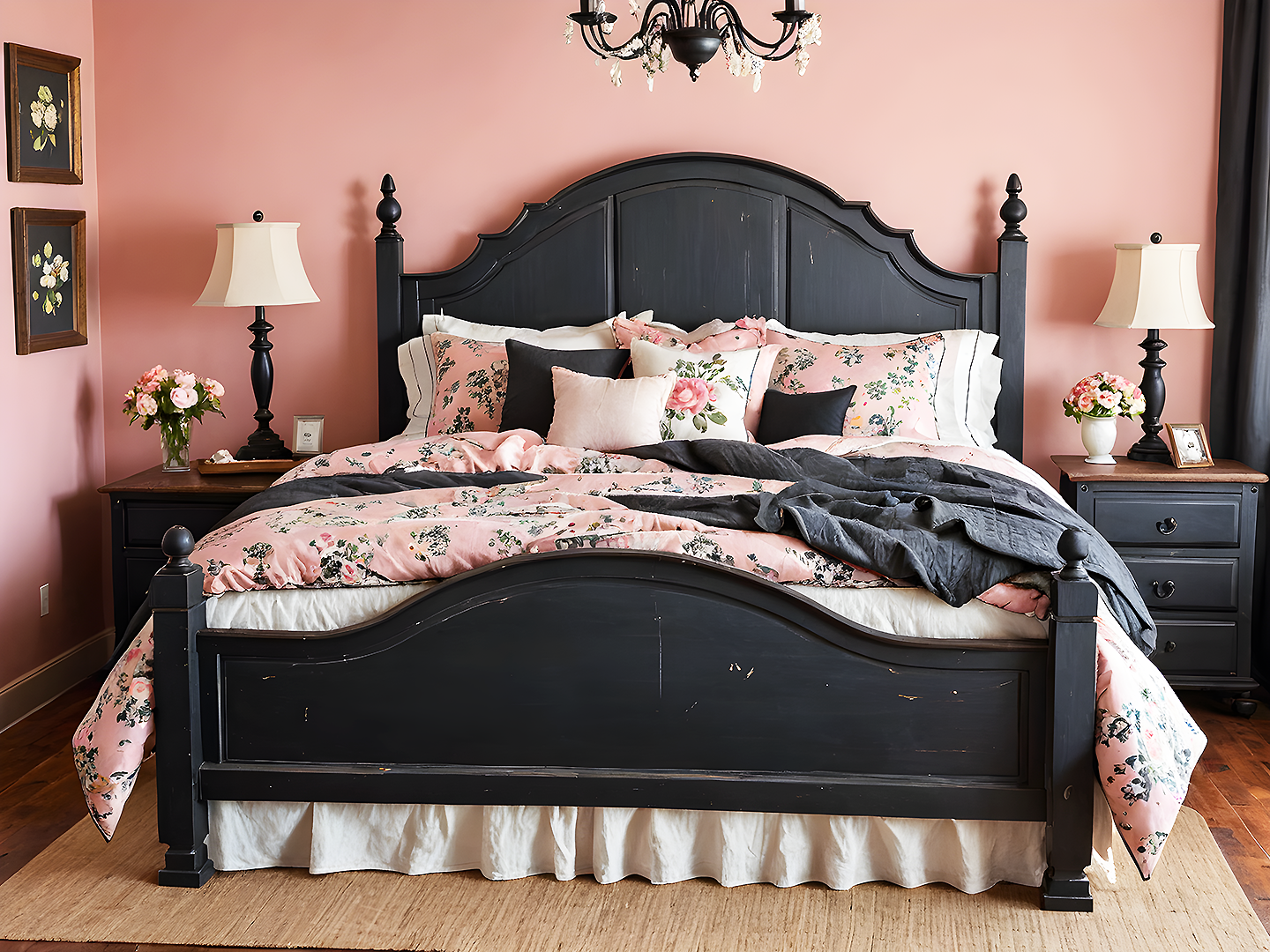 French Κρεβάτι King Size από Ξύλο σε Μαύρο Χρώμα με Κλασικό Καμπυλωτό Κεφαλάρι