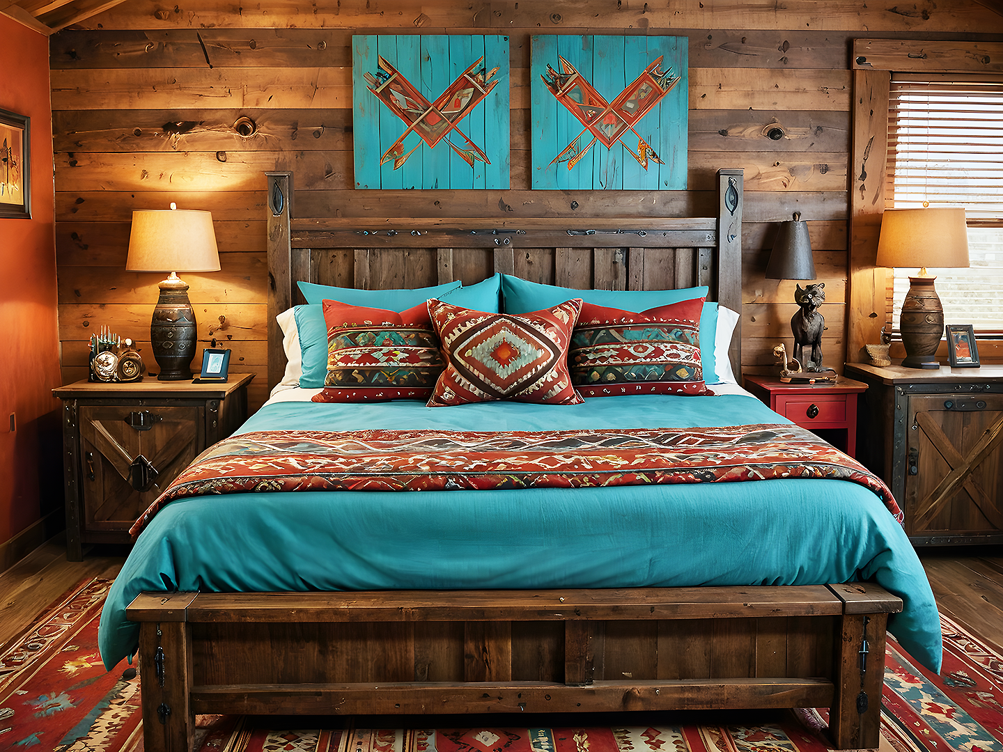 Barn Rustic Ξύλινο King Size Κρεβάτι σε Τιρκουάζ Πατίνα