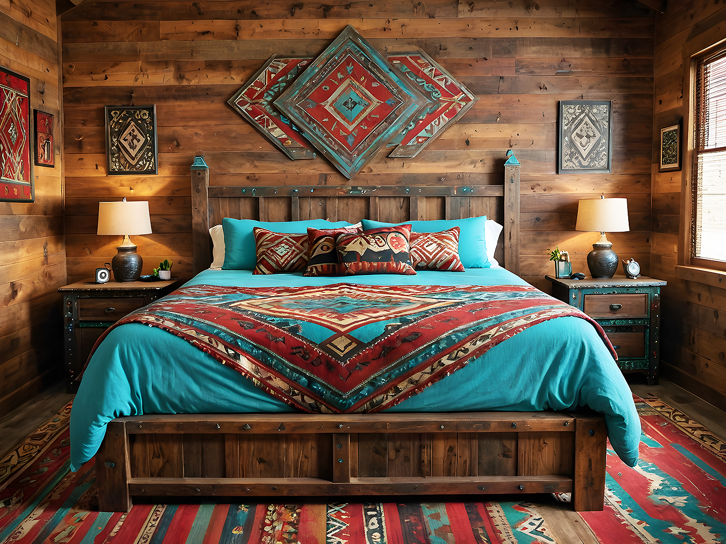 Barn Rustic Ξύλινο King Size Κρεβάτι σε Τιρκουάζ Πατίνα