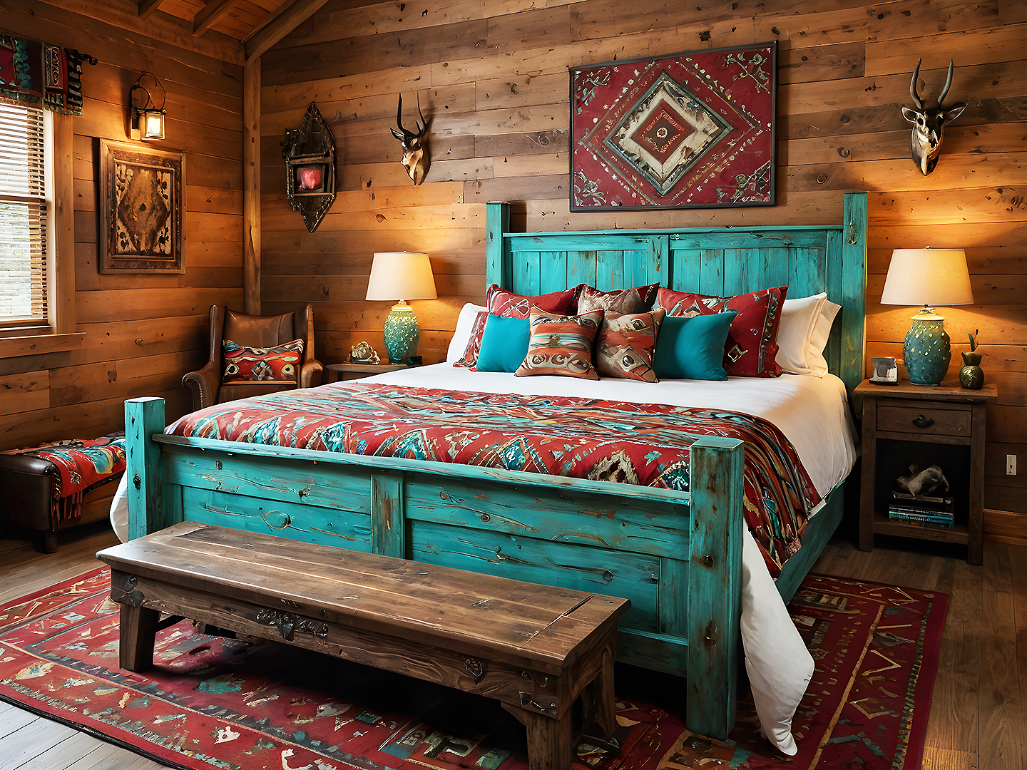 Barn Rustic Ξύλινο King Size Κρεβάτι σε Τιρκουάζ Πατίνα