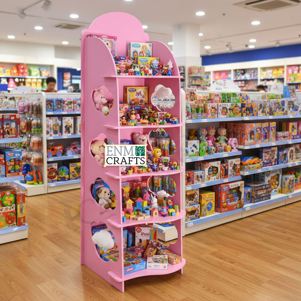 Ξύλινο Επιδαπέδιο Stand Προβολής Προϊόντων με 5 Ράφια και Διακοσμητικά Ανοίγματα 411