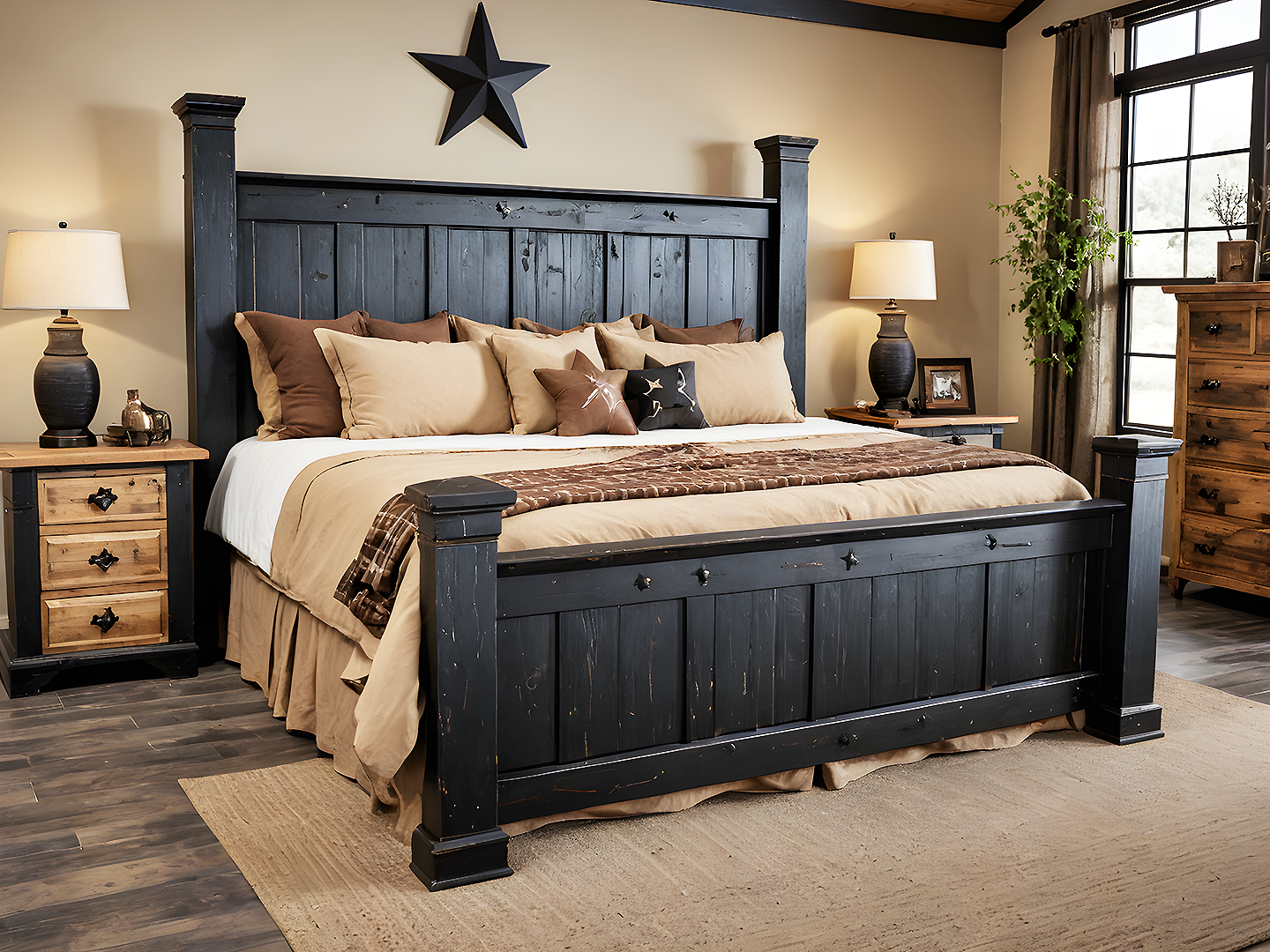 Mission Rustic Μαύρο Ξύλινο Κρεβάτι με Ψηλό Κεφαλάρι 