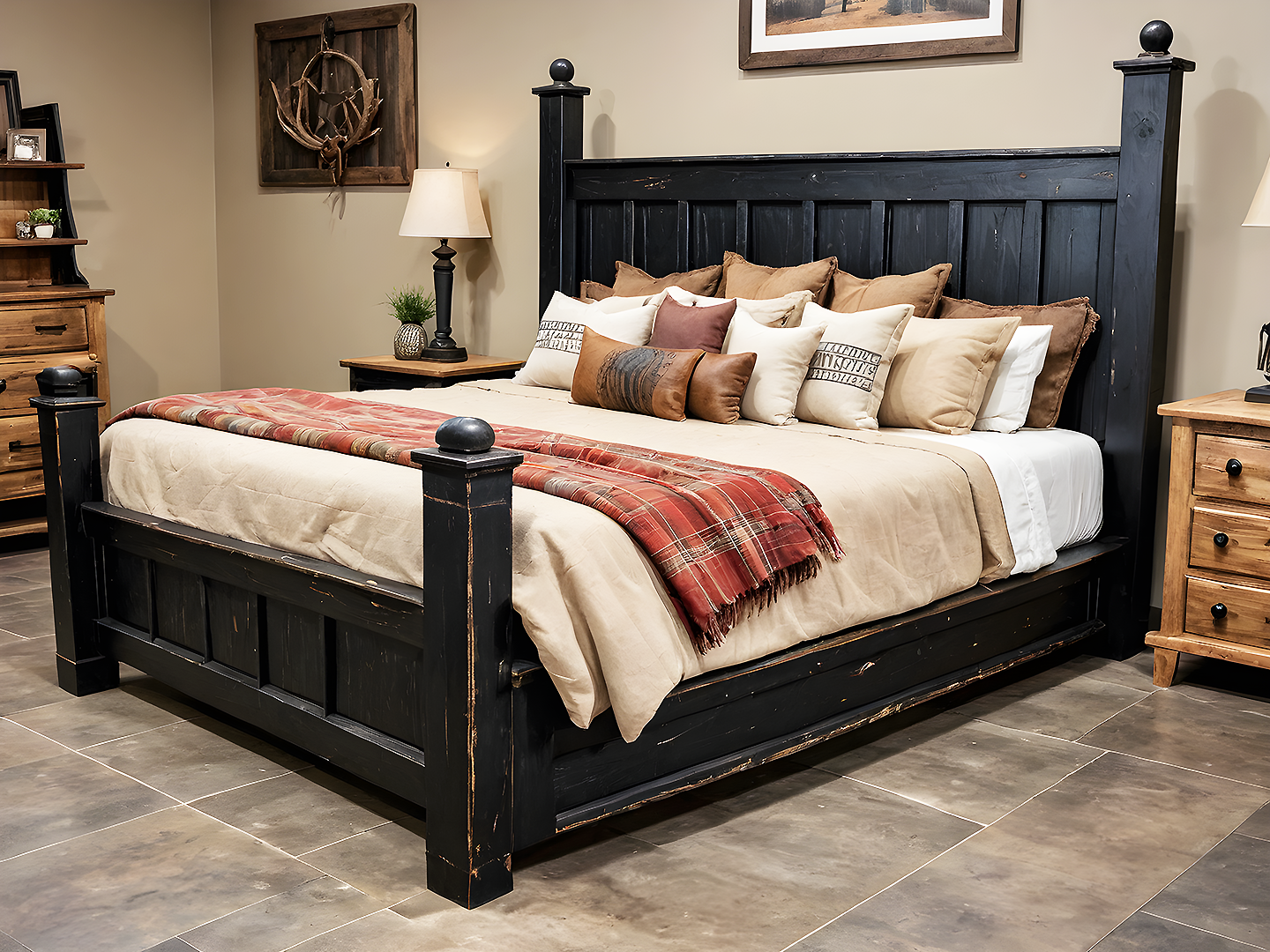Mission Rustic Μαύρο Ξύλινο Κρεβάτι με Ψηλό Κεφαλάρι 